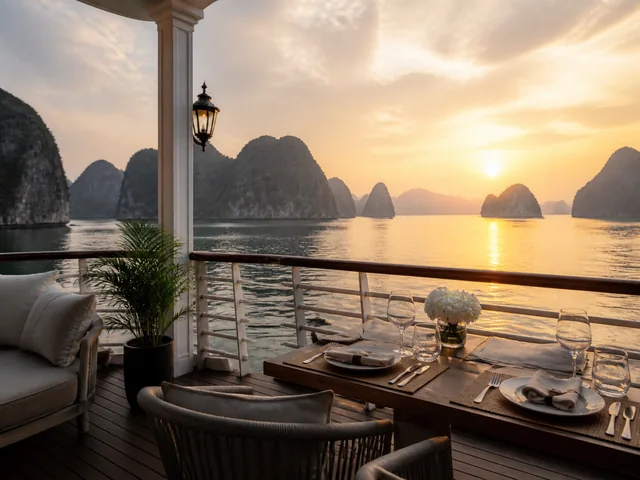 Vietnam river, city and limestone landscape travel scene