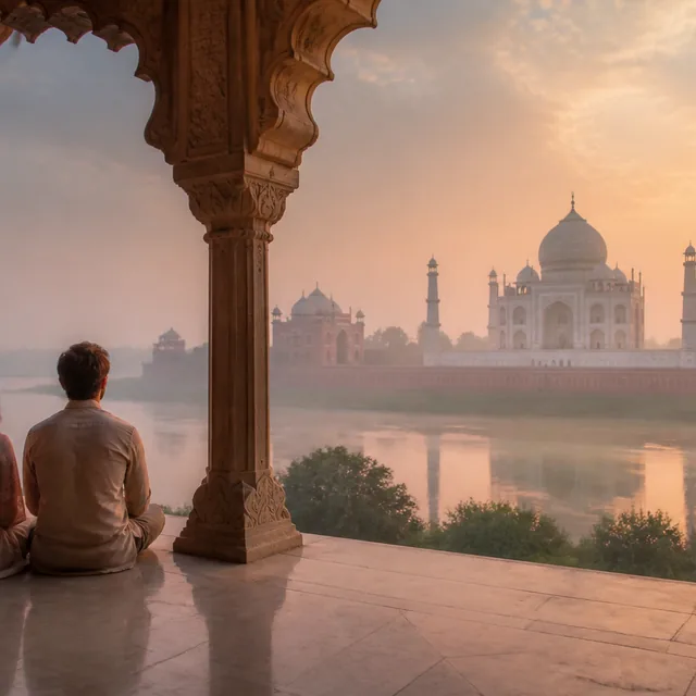 Travellers viewing an Agra Mughal architecture landscape at sunrise
