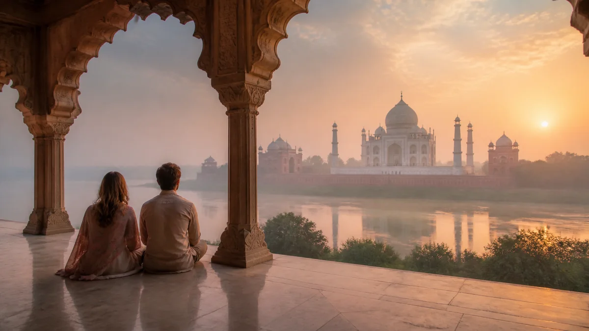 Travellers viewing an Agra Mughal architecture landscape at sunrise