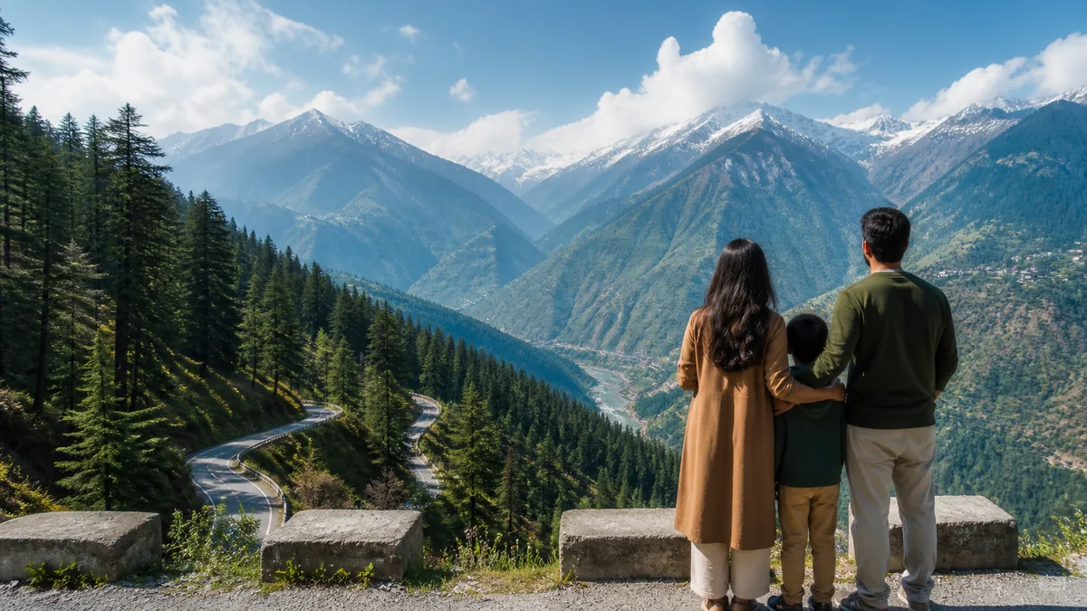 Family viewing a Himalayan valley