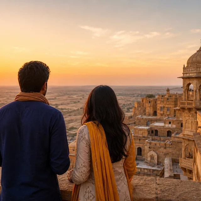 Travellers viewing a sandstone Rajasthan heritage landscape at sunset
