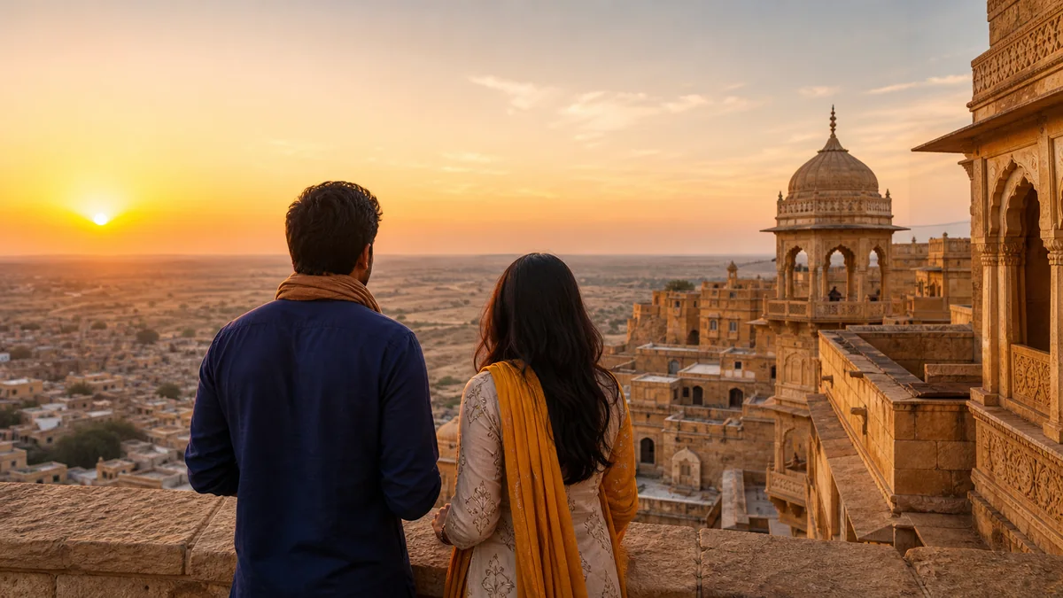 Travellers viewing a sandstone Rajasthan heritage landscape at sunset